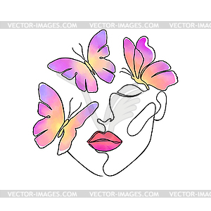 Minimal woman face with butterflies - vector image