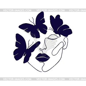 Minimal woman face with butterflies - vector clipart