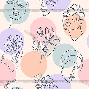 Pattern with women faces and color circles - vector clipart