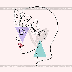 Minimal woman face with butterflies - vector image