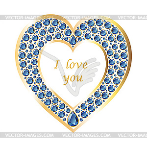 Heart of sapphire in gold frame card - vector image