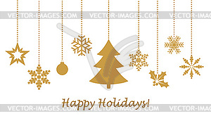 Hanging golden snowflakes - vector image