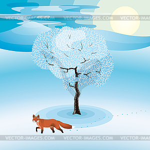 Winter landscape with frozen tree and red fox - royalty-free vector clipart