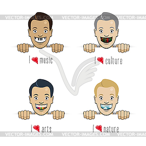 Happy faces with big smile with different shapes an - vector image