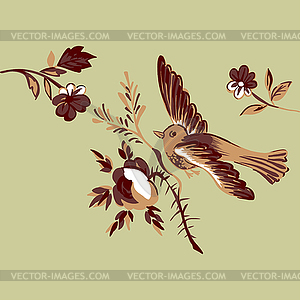 Flying bird with branch of rose on beige, diagonal - vector clipart