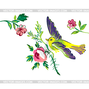 Flying bird with branch of rose , diagonal el - vector clip art