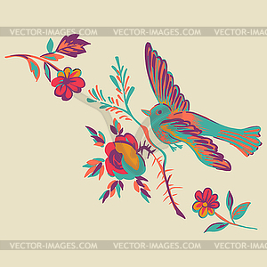 Flying bird with branch of rose on beige, diagonal - vector clip art