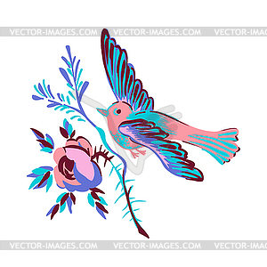 Flying bird with branch of rose , diagonal el - vector clipart