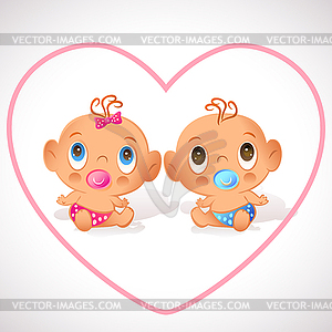 Funny baby twins sitting. Cute baby boy and girl - vector clip art