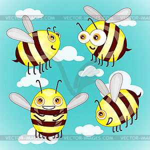 Set cartoon cute bees on sky with clouds - vector image