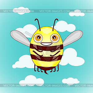 Cartoon cute bees on sky with clouds - vector clipart