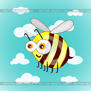 Cartoon cute bees on sky with clouds - vector image