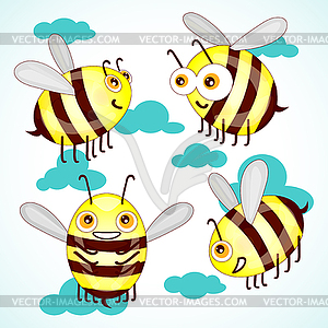 Set cartoon cute bees on sky with clouds - vector image