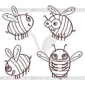 Set cartoon outline cute bees vecto - vector image