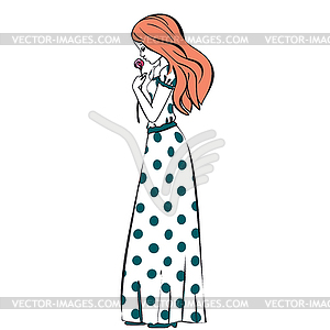 Princess girl in polka dot dress vintage - vector clip art