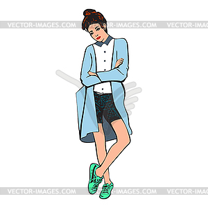 Beautiful young women in fashion shorts and sneakers - vector image