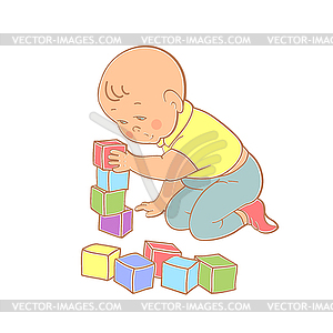 Little lovely baby boy playing with toys. Kid build - vector image