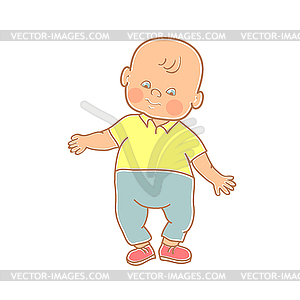 Little lovely baby boy standing. Colorful - vector clip art