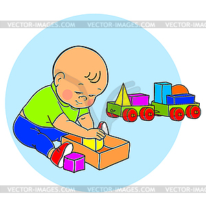 Little lovely baby boy playing with toys. Kid - stock vector clipart