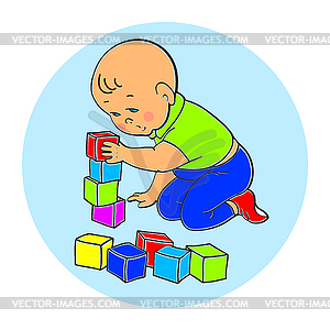 Little lovely baby boy playing with toys. Kid - vector image