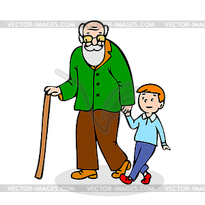 Grandfather with grandson. Funny old man with - vector image