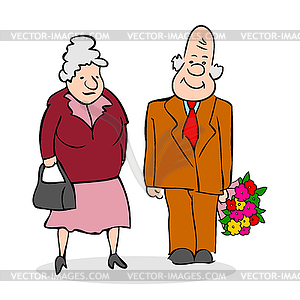 Happy elderly couple. Old man with bouquet of - vector clipart