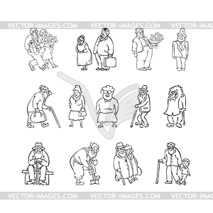 Aged people set black, white . Scene with eld - vector EPS clipart