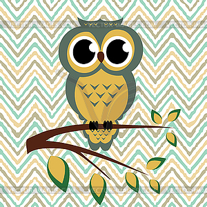 Owl sitting on branch backdrop zigzag pattern - royalty-free vector image