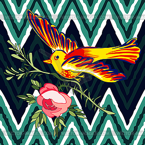 Птица летающий с цветком розы тропических винтажных - графика в векторе