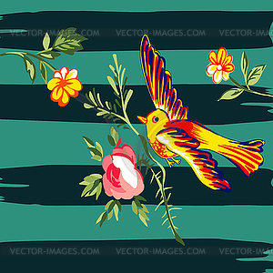 Bird flying with flower roses tropical vintage - stock vector clipart