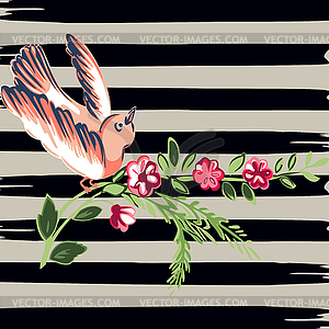 Птица летающий с цветком розы тропических винтажных - векторный клипарт Royalty-Free