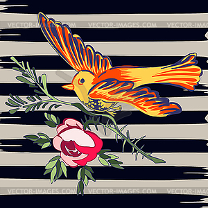 Bird flying with flower roses tropical vintage - vector clip art