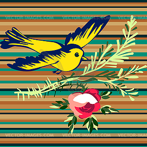 Птица летающий с цветком розы тропических винтажных - векторный клипарт / векторное изображение