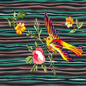 Bird flying with flower roses tropical vintage - vector EPS clipart