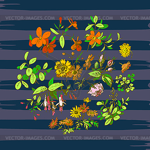 Wreath tropical flower vintage print on stripes - vector clipart