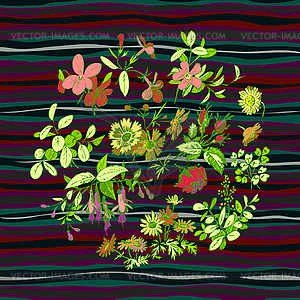Wreath tropical flower vintage print on stripes - vector image