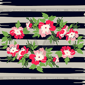 Wreath tropical flower rose vintage print on stripes - stock vector clipart