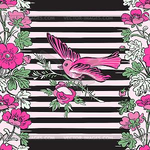 Seamless exotic bird flying and botanical border - vector EPS clipart