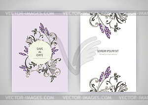 Набор карт с цветочной лавандой, листья. свадьба - векторное графическое изображение