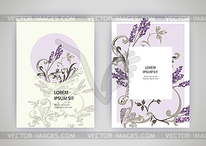 Набор карт с цветочной лавандой, листья. свадьба - векторный эскиз