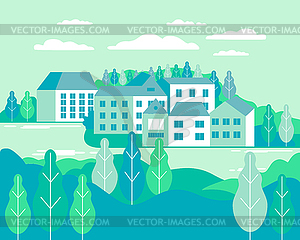 Village landscape flat . Buildings, hills, la - vector clip art