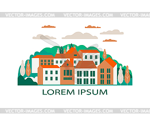 Village landscape flat . Buildings, hills, la - vector image