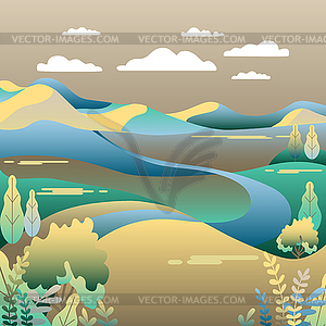 Village landscape in trendy flat style . Moun - vector image