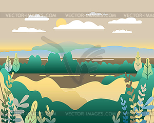 Village landscape in trendy flat style . Moun - vector clip art