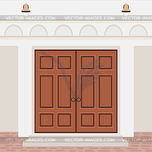 House door front with steps and lamps, building - vector image