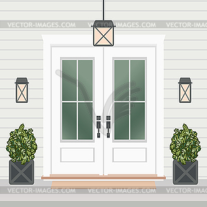 House door front with doorstep and mat, window, - vector image