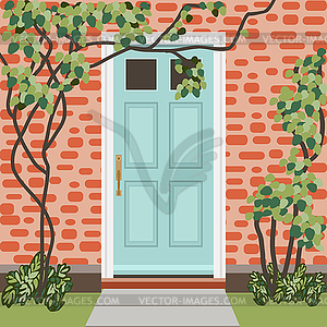 House door front with doorstep and mat, window, - vector clipart