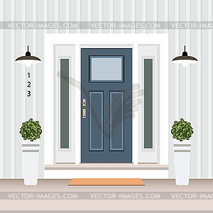 House door front with doorstep and mat, steps, - vector clipart