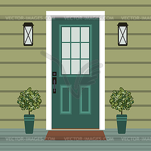 House door front with doorstep and mat, window, - royalty-free vector image