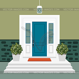 Входная дверь дома с порогом и ковриком, ступеньками, - изображение в векторе